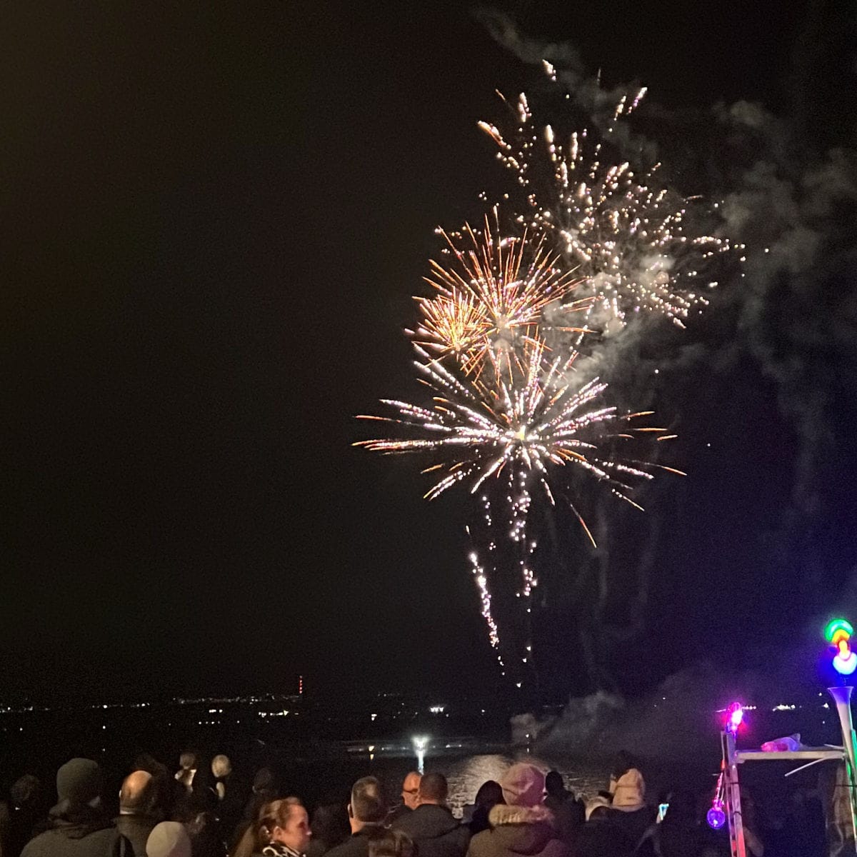 Black sky with fireworks on display and people stood watching