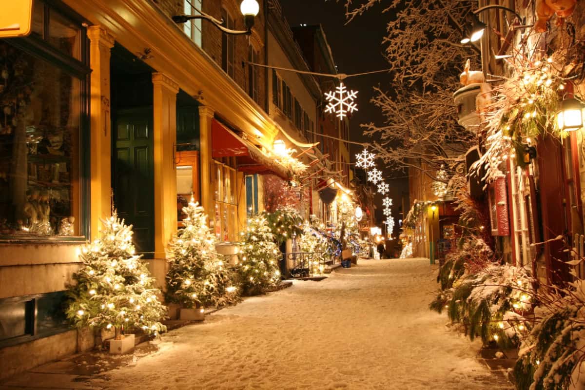Town centre street filled with snow and Christmas trees with twinkly lights