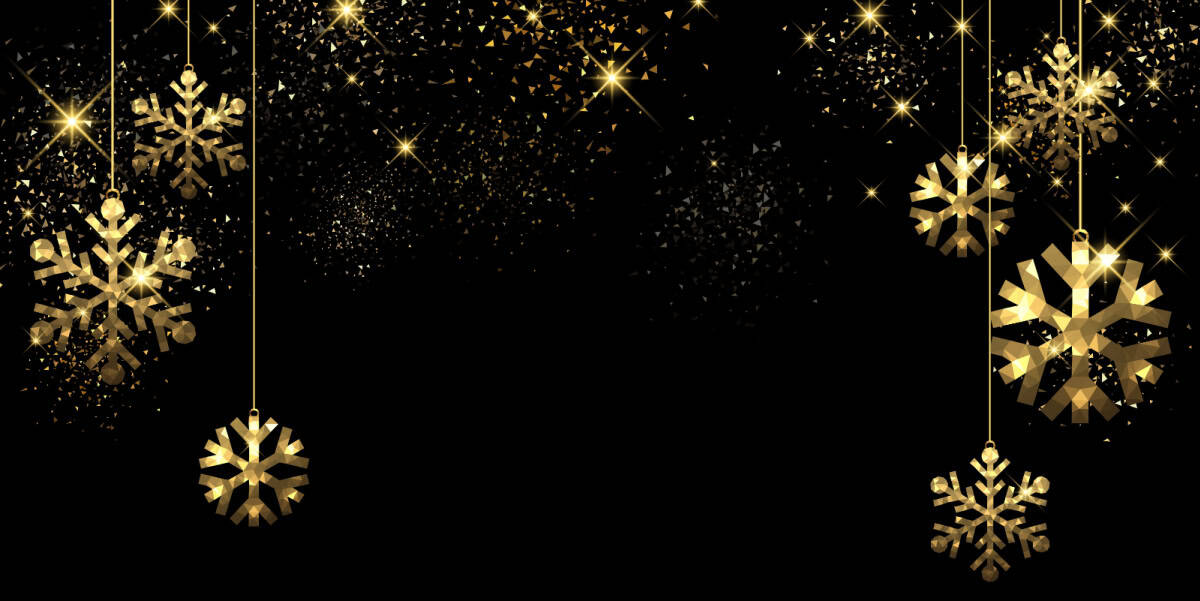 black background with gold Christmas Lights and decorations
