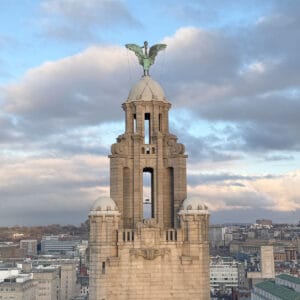 featured image for Things to do in Liverpool in February post with an image from the top of The Liver Building showing Bertie the Liver Bird