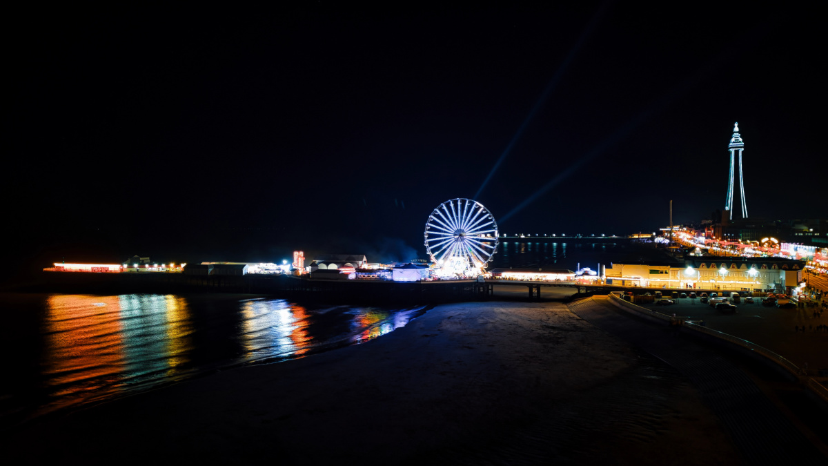 Blackpool promenade at night from a distance